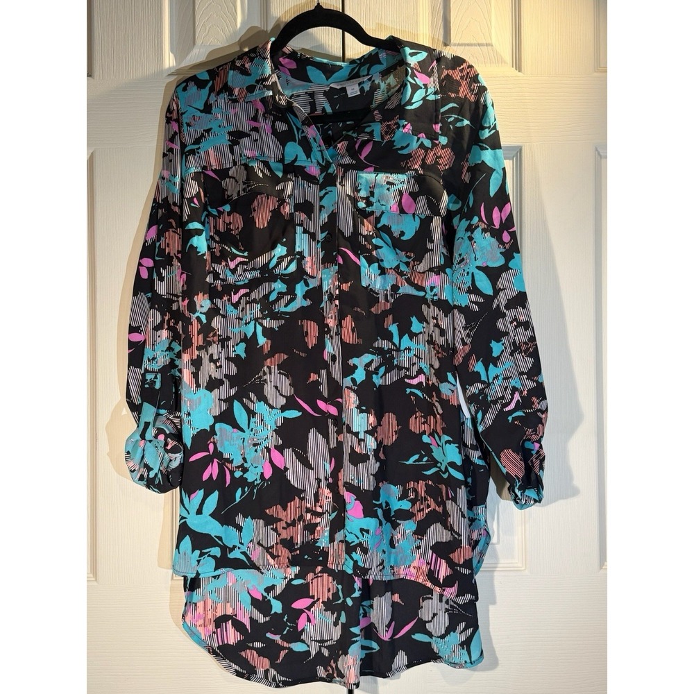 Women's Interlaced Black Multi Floral Button Down Long Sleeve Lightweight Blouse